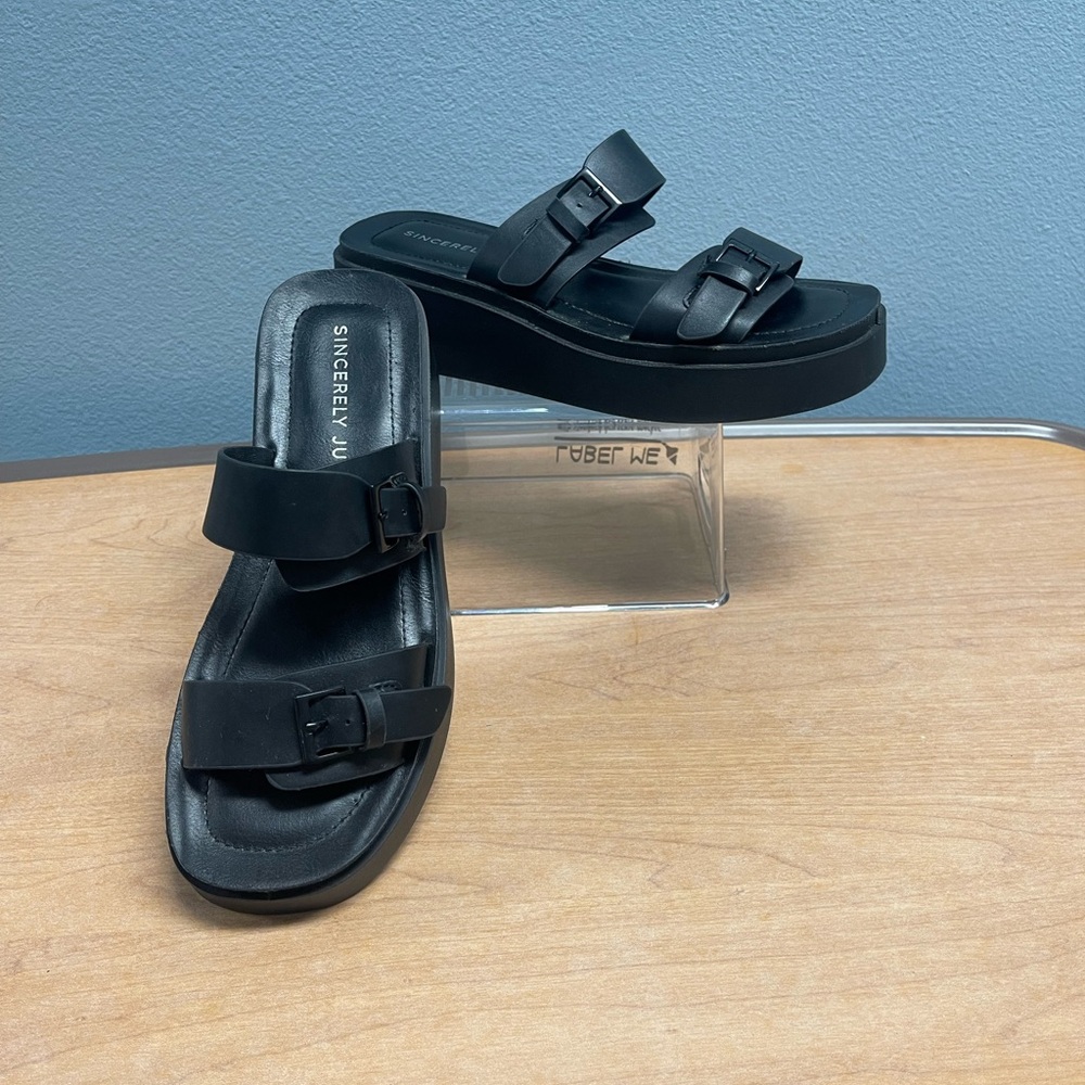 Sincerely Jules Black Double Buckle Platform Slide Sandals